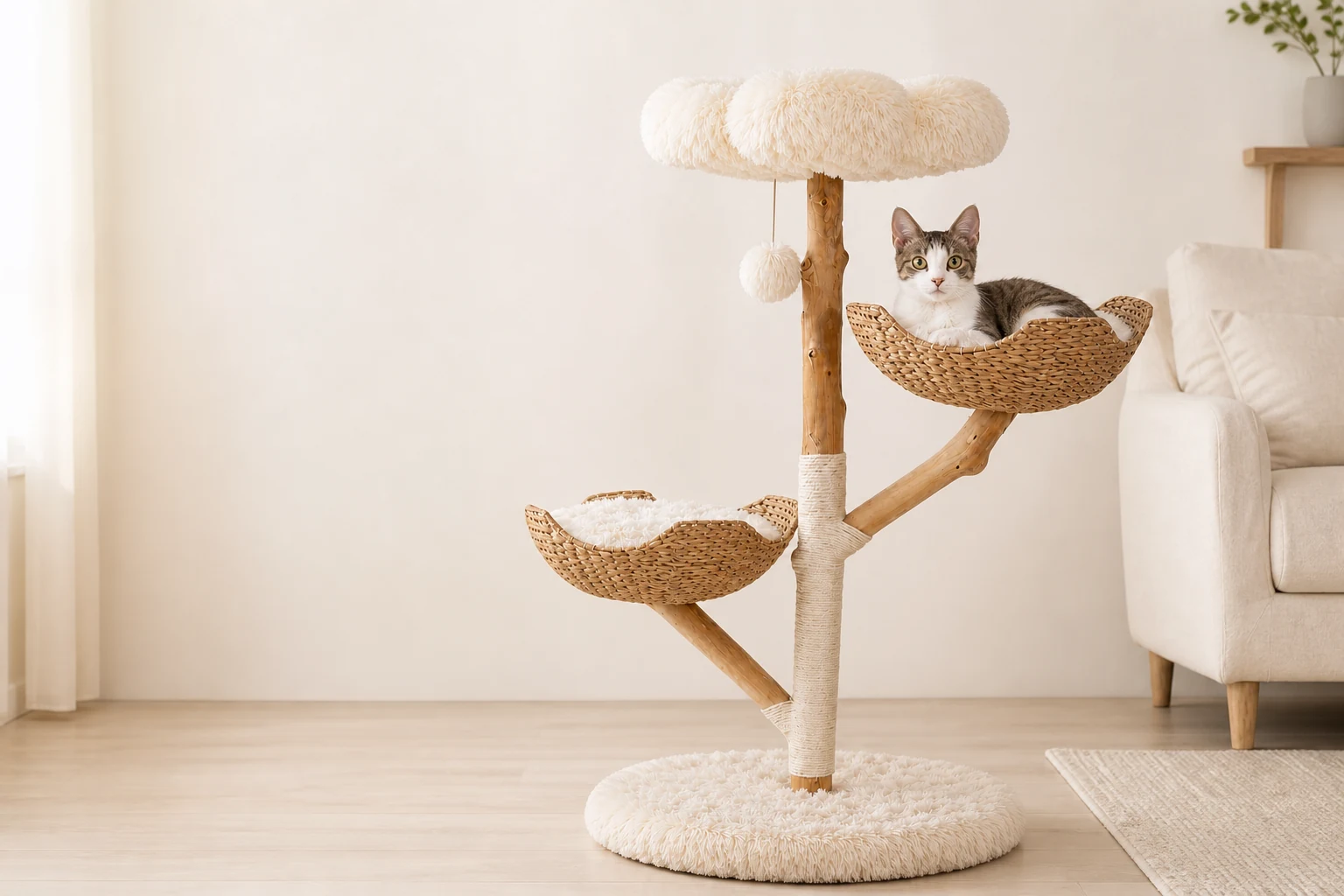 Fufu resting in a woven basket on a natural wood cat tree in a calm living room