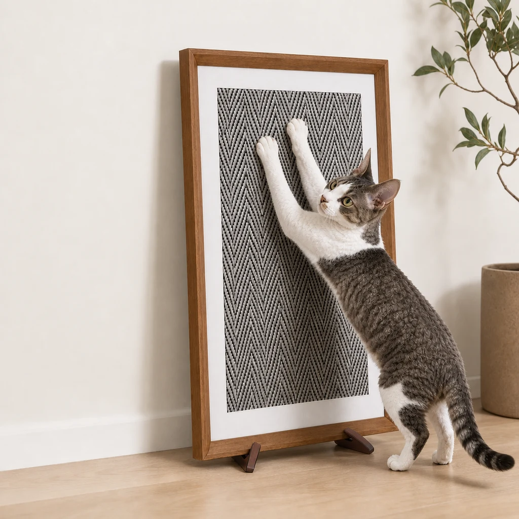 Fufu stretching and scratching a framed natural sisal cat scratcher